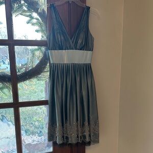 David's Bridal Blue and White Midi Dress